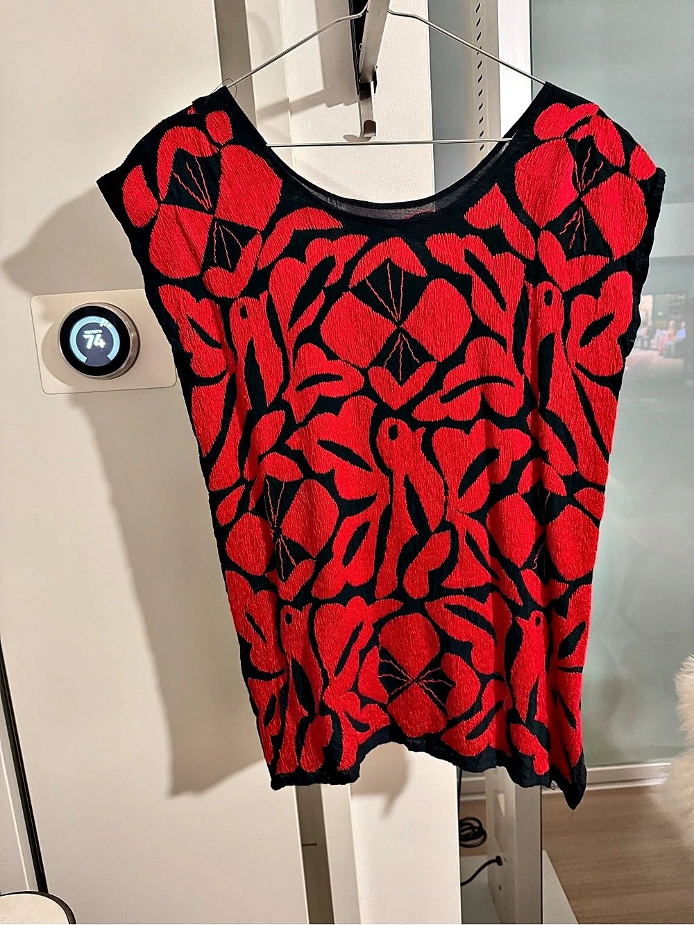 Handmade Mexican Embroidered Huipil Top - Red Black Birds Floral